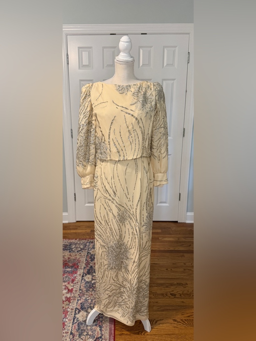 VTG Alyce Designs Pale Yellow Silver Embellished Long Sleeve Glamour Dress Sz 12